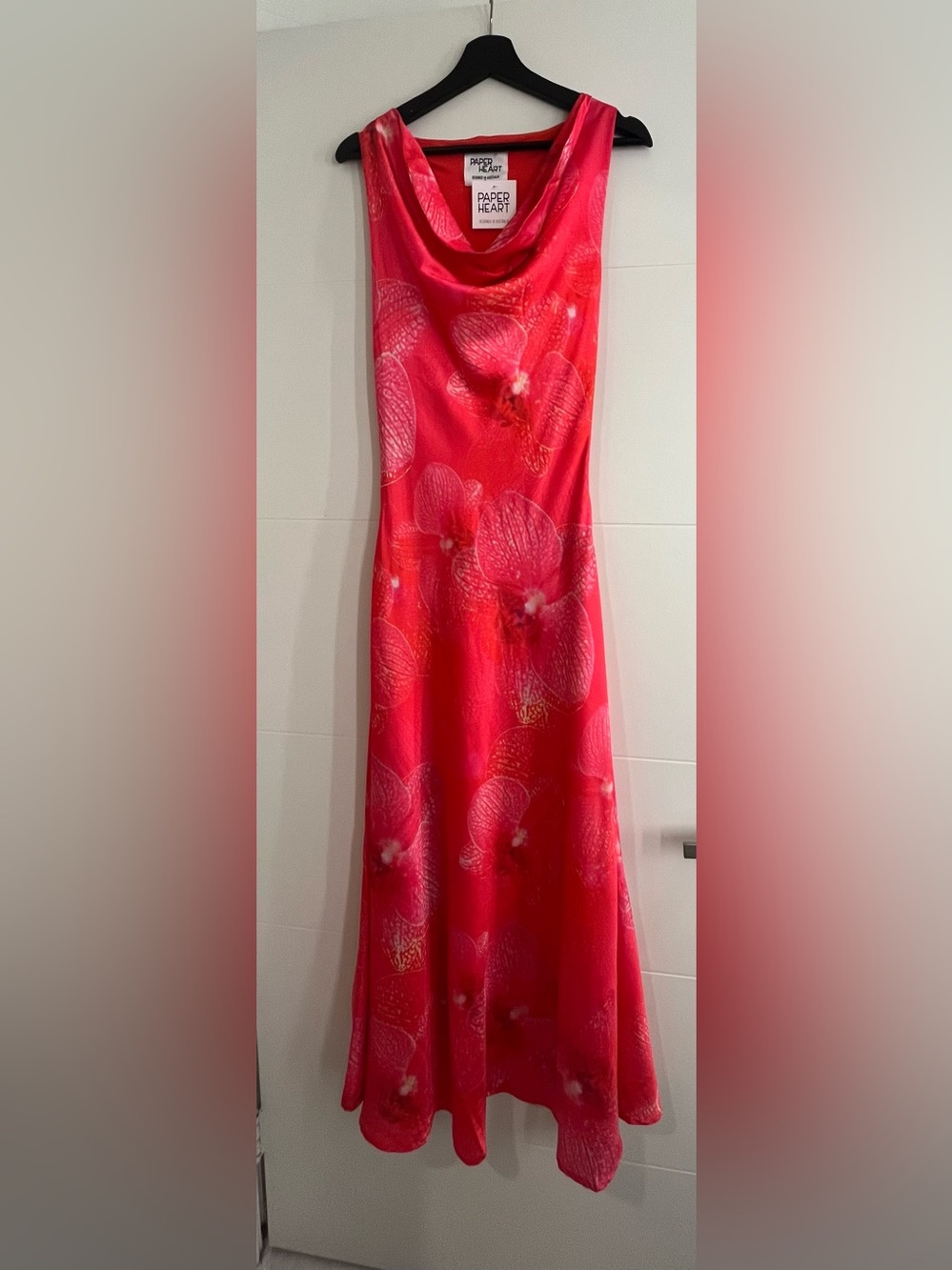 NWT Paper Heart Coral Orchid Print Cowl Neck Midi Dress Size S